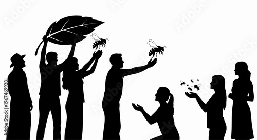 Silhouettes show bee conservation, people holding bees, group sheltering with leaf. Community promotes bee conservation, fostering environmental stewardship, pollinator welfare.