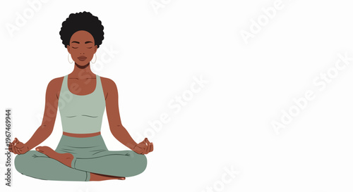 Peaceful meditating woman sitting in lotus position with serene expression. Meditating woman illustration depicts mindfulness, relaxation, and inner balance.