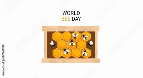 Illustration shows beehive, honeycombs, bees, celebrating World Bee Day. Worker bees fill wax cells, symbolizing pollination, crucial World Bee Day message.