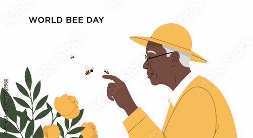 Elderly person observes bees near yellow flowers for World Bee Day. World Bee Day concept highlights pollinator importance, environmental awareness, nature conservation.