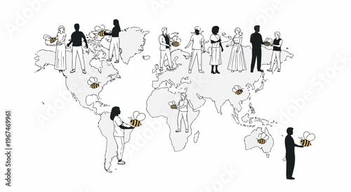 Diverse global community illustration on world map, people holding symbolic items. Figures from continents demonstrate connection and unity, forming cohesive global community.