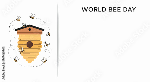 World Bee Day illustration presents wooden beehive with flying honey bees, representing pollination and ecological significance. World Bee Day promotes global conservation and environmental awareness.