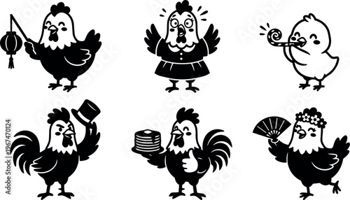 Black silhouette chicken set celebrating with lantern pancakes and fan