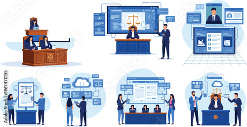 Legal and Law Technology Illustrations Set Featuring Digital Justice, Online Court, and Legal Services Solutions for Modern Legal Firms