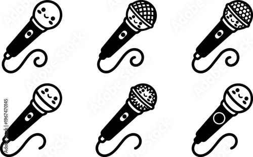 Black and white line art microphones set with smiling faces vector illustration