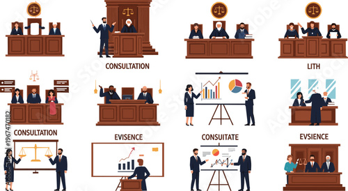 Set of Courtroom Consultation, Evidence, and Legal Action Scenes with Judges, Lawyers, and Presentations in a Courtroom SettingPrint