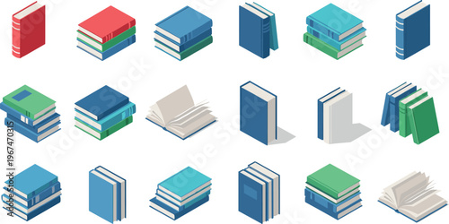 Isometric Collection of Books, Stacked and Open, in Various Colors for Education, Library, and Reading Themes