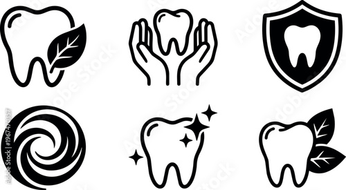 Black and white tooth icons with leaf hand shield and sparkle symbols