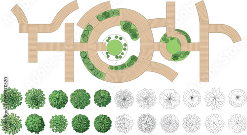 Landscaped Garden Design with Curved Paths, Green Plants, Trees, and Flower Beds for Outdoor, Nature, and Environmental Themes