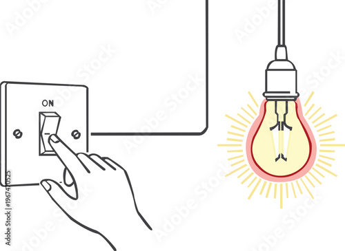 Minimal line art illustration of hand turning on light switch