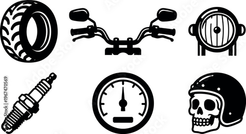 Black and white motorcycle parts tire handlebar spark plug speedometer skull with helmet vector art