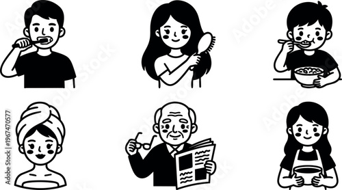 People brushing teeth flipping newspaper eating breakfast and grooming hair