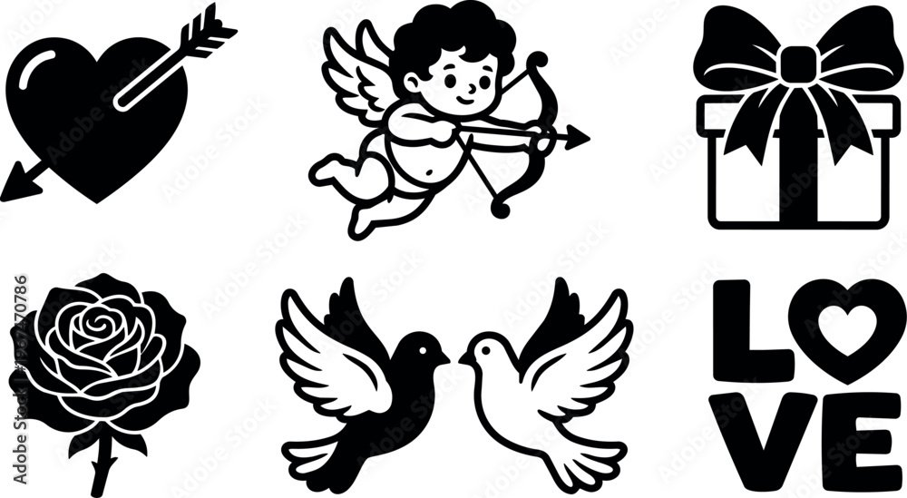 Fototapeta premium Black and white love symbols set with heart arrow cupid rose doves gift and text vector art