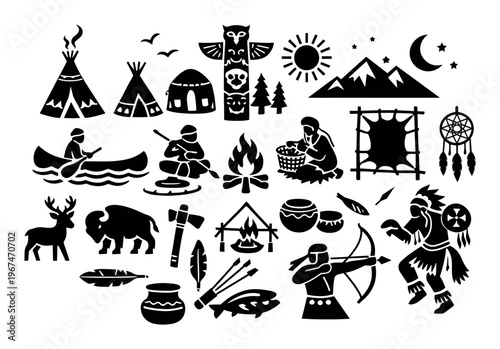 Gathering of Indigenous tribal icons and individuals participating in customary pursuits such as hunting, fishing, and cultural rituals