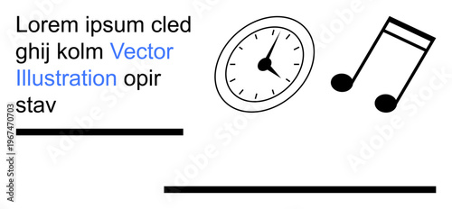 Time management, music, design templates, creativity, scheduling, advertising. Black clock and music note with placeholder text on a white background. Time management and music concept