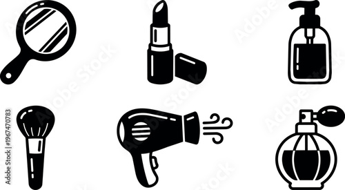 Black and white cosmetic icons with mirror lipstick brush hairdryer and perfume