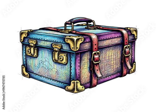 Vintage leather travel trunk with colorful accents and brass hardware