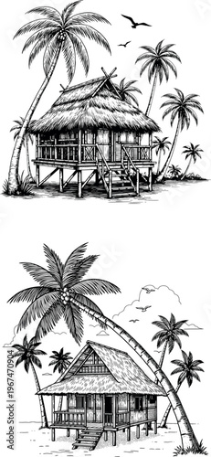 Hand Drawn Tropical Beach Hut and Palm Tree Sketch Illustrations