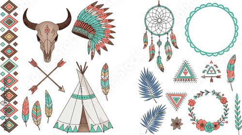 Native American, Boho, and Tribal Illustrations with Dreamcatcher, Feathers, Teepee, Skull, Arrows, and Geometric Patterns for Bohemian and Ethnic Designs