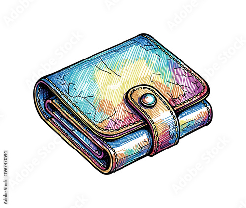 Colorful folded wallet illustration with a snap closure and stitched details