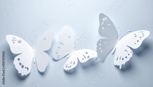 White paper butterflies float softly against a calm, light backdrop