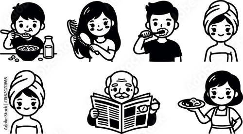 Black and white line art people doing morning routine activities vector art
