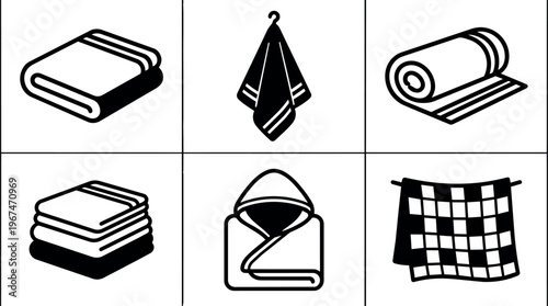 Black and white towel and blanket icons set with folded and hanging styles
