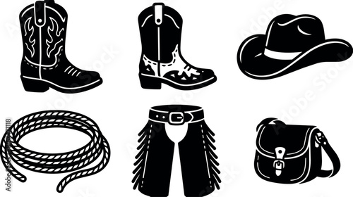 Black and white western cowboy boots rope hat chaps and bag vector art