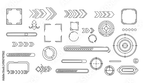 Minimal HUD interface line icons futuristic UI elements arrows frames bars black and white vector set isolated on white