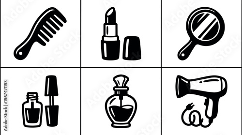Black and white beauty icons comb lipstick mirror nail polish perfume and hairdryer