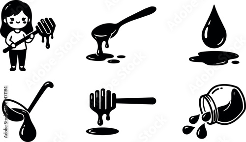 Black and white honey dripping vectors with girl holding honey dipper and spoons