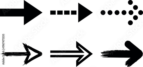 Black vector arrows set with solid dashed dotted and brushstroke styles