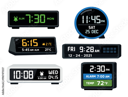 Collection of modern digital alarm clocks showing various displays for time, date, temperature, and multiple alarm settings