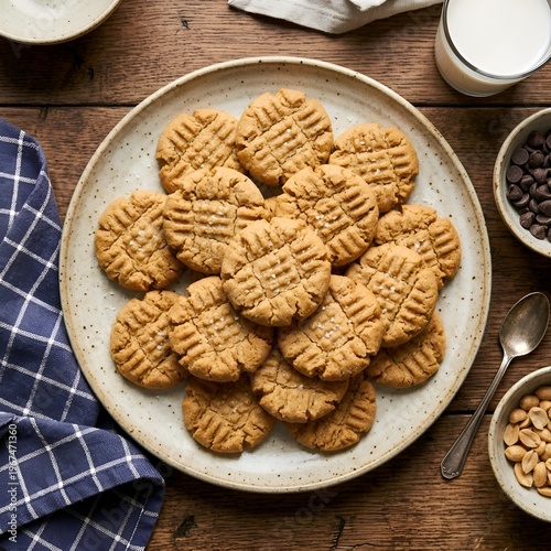 Delicious Homemade Peanut Butter Cookies on a Plate with Milk, Chocolate Chips, and Peanuts on a Wooden Table