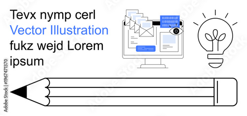 Digital communication, creativity, email systems, knowledge, inspiration, technology integration. Monitor with emails and a lightbulb. Digital communication and creativity concept