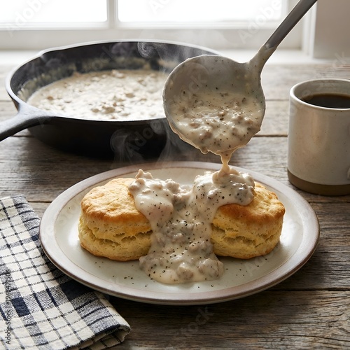 Biscuits and Sausage Gravy Breakfast on a Plate with Skillet in Background