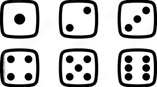 Black and white line art six dice face dots from one to six