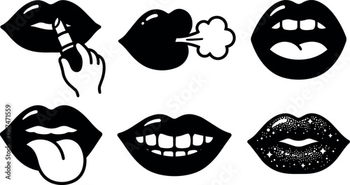 Black and white vector lips with lipstick hand tongue and breath icons