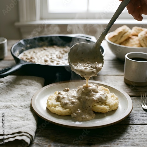 Biscuits and Gravy Breakfast Scene with Sausage Gravy Being Poured from Ladle onto Two Flaky Biscuits on a White Plate with Cast Iron Skillet and Coffee Mug on Rustic Wooden Table