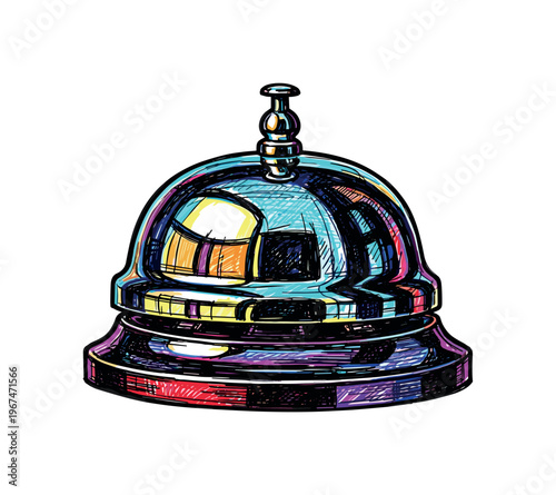 Colorful sketch of a classic bellhop hotel desk bell with reflections