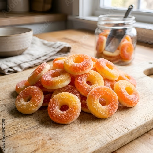 Pile of Sugar-Coated Peach Rings on Wooden Cutting Board with Jar of Candy in Background on Kitchen Counter