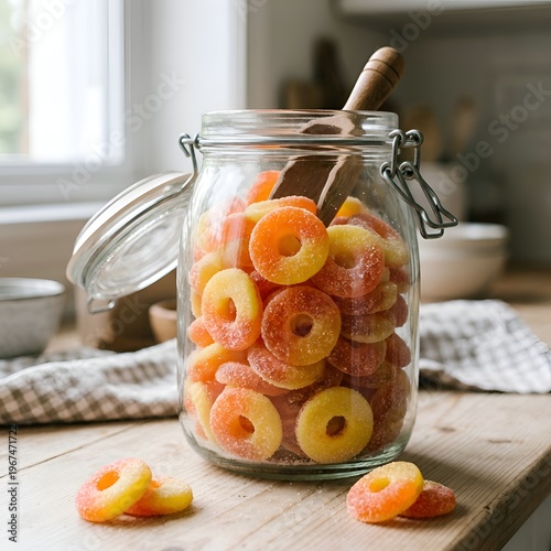 Glass Jar of Colorful Sugar-Coated Peach Rings on Wooden Kitchen Counter with Wooden Spoon
