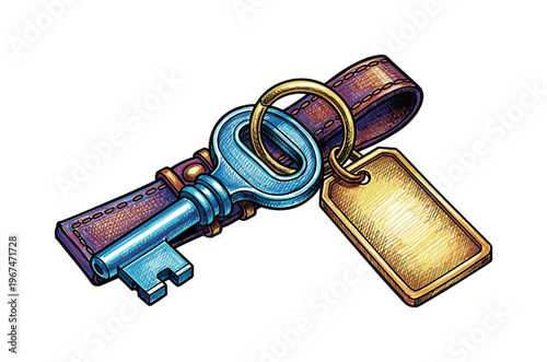 Antique blue key with brass ring and blank tag on leather strap