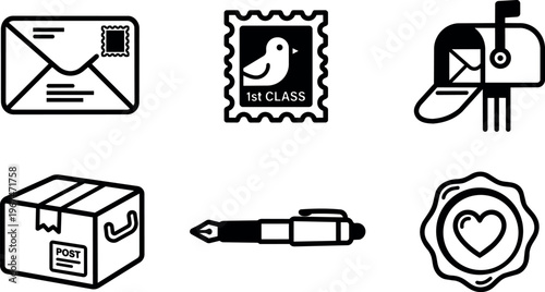 Black and white mail envelope postmark package pen and wax seal icons