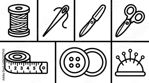 Black and white line art sewing tools spool needle scissors tape measure buttons pin cushion