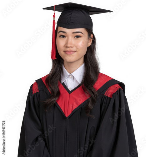 Asian Graduation Student Smiling in Cap and Gown on transparent Background for Academic Success and Education Concepts