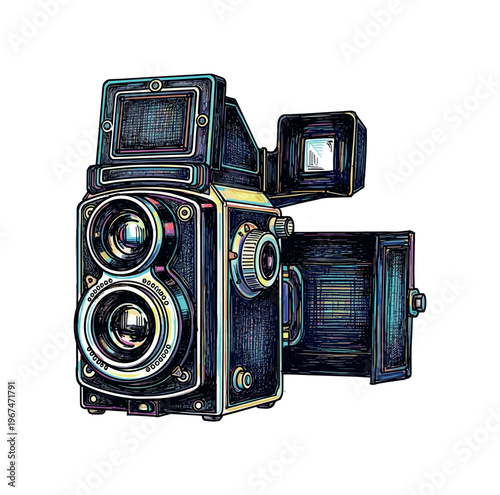 Vintage twin lens reflex camera illustration with colorful hatching details