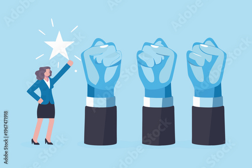 Woman reaching for a star surrounded by powerful clenched fists