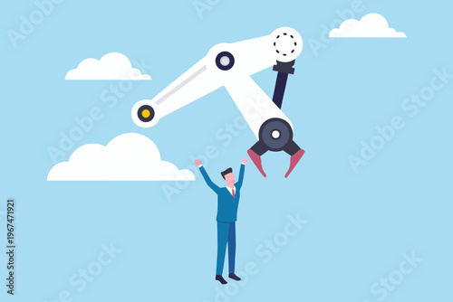 A robotic arm reaching down towards a businessman with arms raised