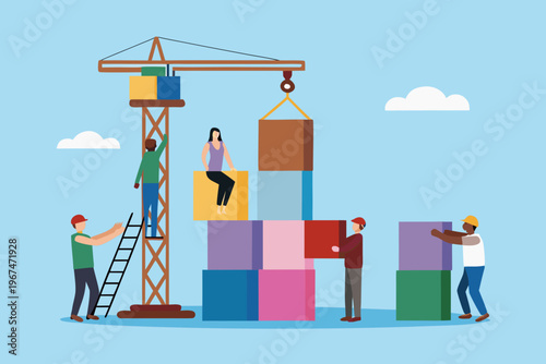 Construction team cooperatively building with colorful blocks near a crane